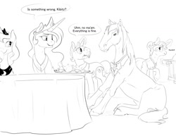 Size: 1280x989 | Tagged: safe, artist:silfoe, imported from derpibooru, kibitz, princess celestia, princess luna, oc, oc:horace octavius reginald sorrel edward, horse, royal sketchbook, clothes, dialogue, grayscale, horse-pony interaction, monochrome, prank