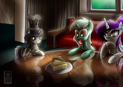 Size: 1500x1062 | Tagged: safe, artist:elmutanto, imported from derpibooru, lyra heartstrings, sweetie belle, oc, oc:raribot, pony, robot, robot pony, unicorn, baking, cake, cheesecake, female, filly, foal, food, hooves, horn, mare, pie, raribot, sister-in-law, sisters, smiling, stable, sweetie bot, tongue out, trio, trio female, window