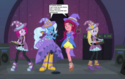 Size: 1664x1052 | Tagged: safe, artist:themexicanpunisher, imported from derpibooru, fuchsia blush, gloriosa daisy, lavender lace, trixie, equestria girls, rainbow rocks, cape, clothes, female, hat, smiling, smirk, tricks up my sleeve, trixie and the illusions, trixie's cape, trixie's hat