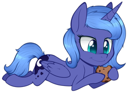 Size: 1100x795 | Tagged: safe, artist:higgly-chan, imported from derpibooru, princess luna, alicorn, pony, cookie, female, filly, food, prone, s1 luna, simple background, smiling, solo, transparent background, woona, younger