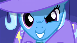 Size: 1280x720 | Tagged: safe, imported from derpibooru, screencap, trixie, pony, boast busters, female, grin, mare, smiling, solo