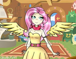 Size: 2476x1920 | Tagged: safe, artist:dashblitz90-fonnie, imported from derpibooru, fluttershy, human, belt, clothes, dress, female, humanized, nail polish, scarf, solo, spread wings, winged humanization, wings