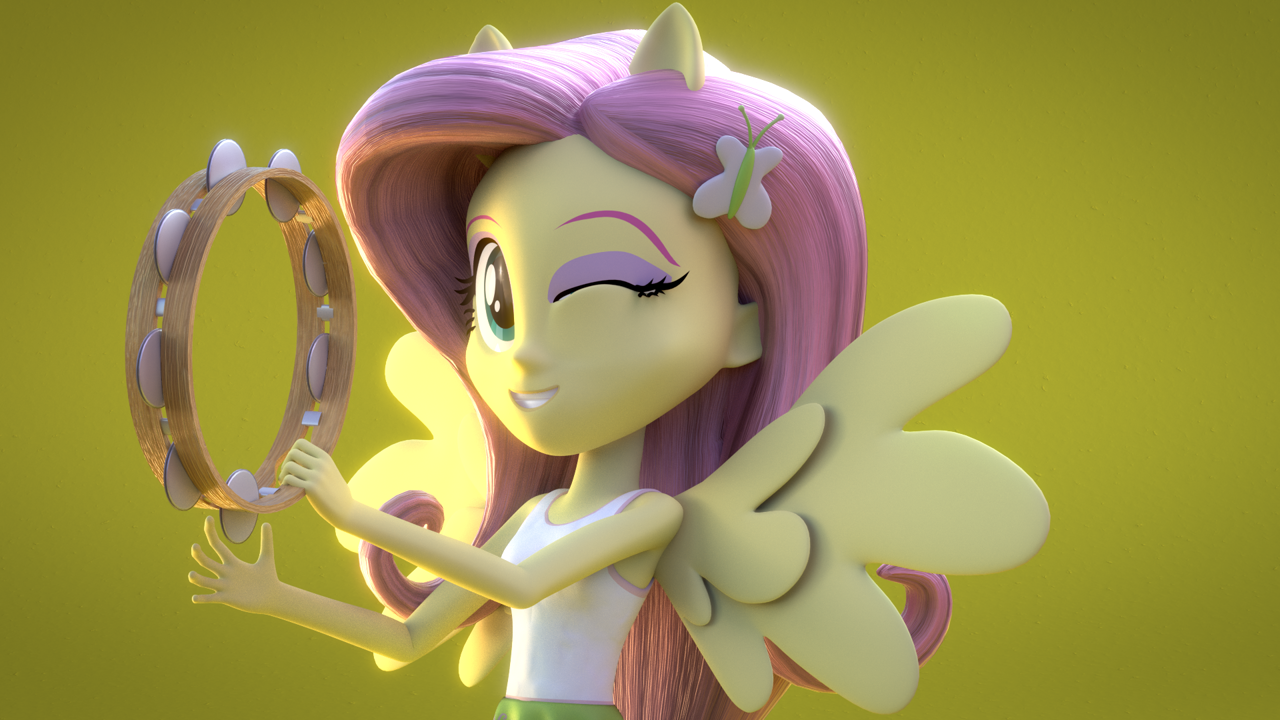 1338883 - safe, fluttershy, solo, equestria girls, 3d, one eye closed,  wink, rainbow rocks, musical instrument, blender, ponied up, tambourine,  artist:efk-san - Ponerpics