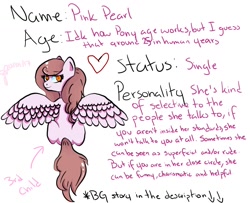 Size: 1600x1299 | Tagged: safe, artist:cysd16, imported from derpibooru, oc, oc only, oc:pink pearl, pegasus, pony, ballerina, brown mane, daughter, looking at you, looking back, looking back at you, model, orange eyes, pastel, reference sheet, simple background, single, sisters, solo, white background