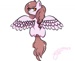 Size: 1600x1299 | Tagged: safe, artist:cysd16, imported from derpibooru, oc, oc only, oc:pink pearl, pegasus, pony, brown mane, daughter, looking at you, looking back, looking back at you, model, orange eyes, pearl, pink coat, simple background, sister, sitting, smiling, solo, wavy, white background