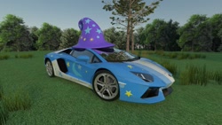 Size: 2300x1293 | Tagged: safe, artist:futuretankcrc, imported from derpibooru, trixie, pony, unicorn, 3d, car, female, grass, hypercar, lamborghini, lamborghini aventador, mare, sketchup, supercar, tree, trixie's hat