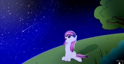 Size: 1245x642 | Tagged: safe, artist:renathesnakecharmers, imported from derpibooru, oc, oc only, earth pony, pony, bow, female, hair bow, mare, night, shooting star, solo, stargazing