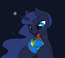 Size: 2000x1769 | Tagged: safe, artist:wolfenstyle, imported from derpibooru, princess luna, alicorn, pony, destruction, earth, edible heavenly object, female, giant pony, licking, macro, moon, pony bigger than a planet, solo, space, tongue out, xk-class end-of-the-world scenario