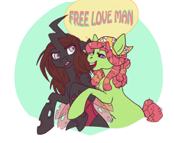 Size: 4216x3454 | Tagged: artist needed, safe, artist:purple-blep, imported from derpibooru, tree hugger, oc, oc:invictia sadie, changeling, earth pony, /mlp/, absurd resolution, changeling oc, cute, drawfag, drawthread, free love, hippie, hug, purple-blep, red changeling