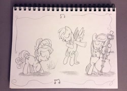 Size: 1111x800 | Tagged: safe, artist:fuzon-s, imported from derpibooru, cherry jubilee, derpy hooves, octavia melody, earth pony, pegasus, pony, bipedal, bowing, cello, eyes closed, monochrome, music notes, musical instrument, pencil drawing, sketch, traditional art