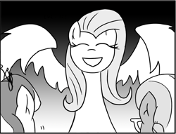 Size: 957x730 | Tagged: safe, artist:loreto-arts, imported from derpibooru, diamond tiara, fluttershy, silver spoon, comic:friendship is innuendo, bat wings, eyes closed, grayscale, monochrome, two kids gon' die tonight