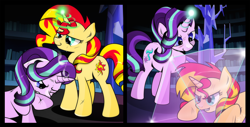 Size: 2614x1333 | Tagged: safe, artist:dsana, imported from derpibooru, starlight glimmer, sunset shimmer, pony, unicorn, aftermath, book, bookshelf, bruised, commission, counterparts, crystal, fight, floor, library, magic, sunset vs starlight, sweat, training, twilight's castle, twilight's counterparts