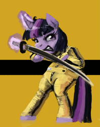 Size: 2023x2558 | Tagged: safe, artist:toisanemoif, imported from derpibooru, twilight sparkle, pony, angry, bipedal, female, katana, kill bill, solo, sword, weapon