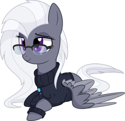 Size: 5500x5332 | Tagged: safe, artist:aureai, imported from derpibooru, oc, oc only, oc:aureai gray, pegasus, pony, .svg available, absurd resolution, clothes, female, glasses, happy, lidded eyes, mare, prone, raised eyebrow, simple background, smiling, smug, solo, spread wings, sweater, transparent background, vector