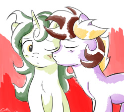 Size: 830x748 | Tagged: safe, artist:stec-corduroyroad, derpibooru exclusive, imported from derpibooru, oc, oc only, oc:asha, oc:corduroy road, earth pony, pony, unicorn, cheek kiss, couple, cute, kiss on the cheek, kissing, male, one eye closed, straight