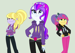 Size: 1771x1244 | Tagged: safe, artist:sarahmyriacarter, artist:stripedegg, imported from derpibooru, lavender lace, pixel pizazz, violet blurr, equestria girls, alternate universe, clothes