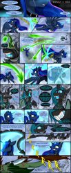 Size: 2460x6000 | Tagged: safe, artist:dangercloseart, imported from derpibooru, fleetfoot, princess luna, queen chrysalis, spitfire, oc, oc:dive siren, alicorn, bat pony, pony, comic:wings of fire, absurd resolution, barrier, bat pony oc, comic, evil laugh, female, fight, flying, fusion, gritted teeth, magic, mare, nightmare, nightmare chrysalis, nightmarified, slit eyes, slit pupils