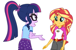 Size: 5500x3600 | Tagged: safe, artist:mixiepie, imported from derpibooru, sci-twi, sunset shimmer, twilight sparkle, equestria girls, legend of everfree, absurd resolution, ass, butt, clothes, duo, glasses, open mouth, rear view, shorts, simple background, transparent background, vector