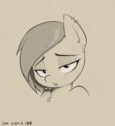 Size: 478x524 | Tagged: safe, artist:shoutingisfun, imported from derpibooru, oc, oc only, pony, bedroom eyes, bust, chest fluff, female, lip bite, looking at you, mare, monochrome, piercing, portrait, simple background, solo