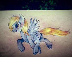 Size: 1337x1062 | Tagged: safe, artist:oksssid, imported from derpibooru, derpy hooves, pegasus, pony, butt, female, plot, smiling, solo, traditional art, trotting, unshorn fetlocks