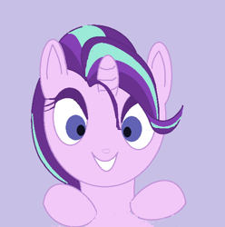 Size: 569x573 | Tagged: safe, artist:violaconcert, derpibooru exclusive, imported from derpibooru, starlight glimmer, pony, bust, female, looking at you, purple background, simple background, smiling, solo