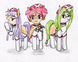 Size: 2255x1815 | Tagged: safe, artist:40kponyguy, derpibooru exclusive, imported from derpibooru, cape, clothes, crossover, grandia, looking at you, mio (grandia), nana (grandia), ponified, saki (grandia), simple background, traditional art, white background