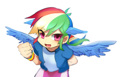 Size: 700x420 | Tagged: safe, artist:youhoujou, imported from derpibooru, rainbow dash, human, eared humanization, female, humanized, simple background, solo, winged humanization, wings