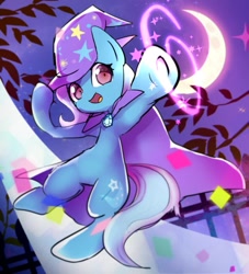 Size: 635x700 | Tagged: safe, artist:youhoujou, imported from derpibooru, trixie, pony, unicorn, crescent moon, female, leaves, looking at you, magic, mare, moon, night, night sky, open mouth, smiling, solo, sparkles, stars, tree, trixie's cape, trixie's hat, underhoof