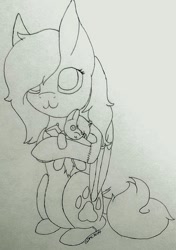 Size: 657x933 | Tagged: safe, artist:anxiouslilnerd, imported from derpibooru, teddy, oc, oc only, oc:camoflage cat, oc:golden death, pegasus, pony, :3, cute, hug, monochrome, plushie, traditional art, ych example