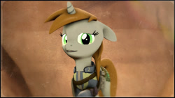 Size: 1920x1080 | Tagged: safe, artist:skilm, imported from derpibooru, oc, oc only, oc:littlepip, pony, unicorn, fallout equestria, 3d, clothes, fanfic, fanfic art, female, floppy ears, horn, jumpsuit, mare, solo, source filmmaker, teeth, vault suit