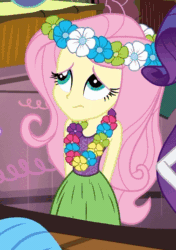 Size: 378x536 | Tagged: safe, imported from derpibooru, screencap, fluttershy, rarity, twilight sparkle, equestria girls, rainbow rocks, shake your tail, animated, beautiful, clothes, cute, female, flower, flower in hair, gif, grass skirt, hula, hulalight, hularity, hulashy, nervous, shyabetes, skirt