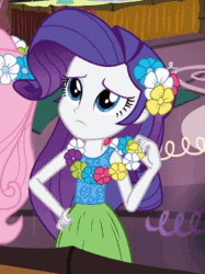 Size: 424x567 | Tagged: safe, imported from derpibooru, screencap, fluttershy, rarity, equestria girls, rainbow rocks, shake your tail, animated, clothes, female, flower, flower in hair, gif, grass skirt, hula, hularity, hulashy, skirt