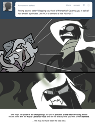 Size: 666x887 | Tagged: safe, artist:egophiliac, imported from derpibooru, princess luna, oc, oc:exuvia, changeling, changeling queen, moonstuck, angry, cartographer's cap, changeling oc, changeling queen oc, female, filly, fire, gritted teeth, hat, magic, marauder's mantle, monochrome, neo noir, partial color, traditional royal canterlot voice, woona, woonoggles, younger
