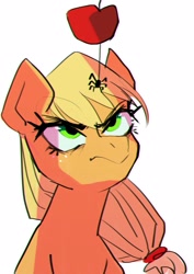 Size: 1133x1600 | Tagged: safe, artist:asianpony, imported from derpibooru, applejack, pony, spider, my little brony risovach, angry, annoyed, apple, chromatic aberration, female, food, hatless, irritated, looking up, missing accessory, simple background, solo, upset, white background