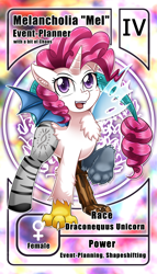 Size: 800x1399 | Tagged: safe, artist:vavacung, imported from derpibooru, oc, oc only, oc:melancholia, draconequus, hybrid, pony, unicorn, fangs, female, mare, open mouth, raised paw, smiling, solo