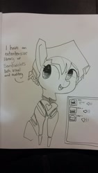 Size: 1080x1920 | Tagged: safe, artist:tjpones, imported from derpibooru, oc, oc only, pony, ai pony, artificial intelligence, black and white, dialogue, food, grayscale, lineart, monochrome, sandwich, solo, traditional art