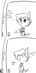 Size: 1080x2160 | Tagged: safe, artist:tjpones, imported from derpibooru, oc, oc only, pony, robot, ai pony, artificial intelligence, battery, charging, coffee, coffee mug, comic, computer, cute, dialogue, floating, floating object, grayscale, monochrome, music notes, simple background, sleepy, solo, white background
