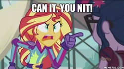 Size: 600x337 | Tagged: safe, edit, edited screencap, imported from derpibooru, screencap, sci-twi, sunset shimmer, twilight sparkle, equestria girls, friendship games, angry, caption, exploitable meme, image macro, meme, memeful.com, roald dahl, sunset yells at twilight, violet beauregarde, willy wonka and the chocolate factory