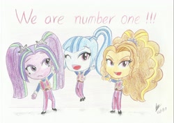 Size: 3318x2368 | Tagged: safe, artist:brianchoobrony-artie, imported from derpibooru, adagio dazzle, aria blaze, sonata dusk, equestria girls, chibi, high res, lazytown, robbie rotten, the dazzlings, traditional art, we are number one