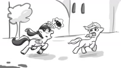 Size: 1600x900 | Tagged: safe, artist:kingpivot001, imported from derpibooru, prince blueblood, princess cadance, blank flank, levitation, magic, mud, running, telekinesis, younger
