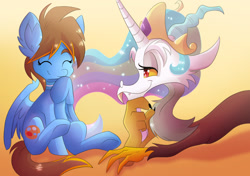 Size: 1500x1057 | Tagged: safe, artist:blazemizu, imported from derpibooru, discord, princess celestia, oc, dungeons and discords, discord's celestia face, disguise, duo, eyes closed