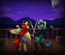 Size: 1328x1112 | Tagged: safe, artist:confetticakez, imported from derpibooru, oc, oc only, earth pony, pegasus, pony, duo, female, hoof hold, lesbian, mare, oc x oc, ship, shipping, sword, weapon