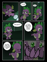 Size: 1275x1650 | Tagged: safe, artist:dsana, imported from derpibooru, spike, comic:to look after, claws, comic, crying, dark, door, doorknob, male, sharp claws, solo