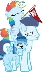 Size: 576x960 | Tagged: safe, artist:sofialurax, imported from derpibooru, soarin', oc, oc:ragtag, oc:shooting star, pony, flag, offspring, parent:rainbow dash, parent:soarin', parents:soarindash, ponies riding ponies, ragtag riding soarin, riding, simple background, white background