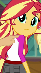 Size: 410x720 | Tagged: safe, edit, edited screencap, imported from derpibooru, screencap, sunset shimmer, equestria girls, legend of everfree, boop, boop edit, confused, cropped, frown, looking at you, looking back, poking, question mark