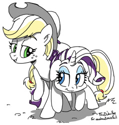 Size: 700x732 | Tagged: safe, artist:foudubulbe, imported from derpibooru, applejack, rarity, earth pony, pony, unicorn, carrying, female, floppy ears, lidded eyes, mare, partial color, ponies riding ponies, rarity riding applejack, riding, simple background, white background