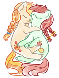 Size: 682x900 | Tagged: safe, artist:mcponyponypony, imported from derpibooru, candy apples, peach melba, earth pony, pony, apple family member, braid, cuddling, eyes closed, simple background, sleeping, snuggling