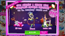 Size: 1334x750 | Tagged: safe, imported from derpibooru, screencap, discord, twilight velvet, draconequus, 2016, advertisement, book, bubble mill, building, costs real money, crack is cheaper, diamond, dollar sign, exclamation point, gameloft, gameloft is trying to murder us, gameloft shenanigans, gem, hasbro, journal, limited-time, money, offering, official, screenshots, shovel, snaggletooth, snow, twilight's journal, windmill