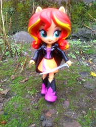 Size: 1944x2592 | Tagged: safe, imported from derpibooru, sunset shimmer, equestria girls, clothes, doll, equestria girls minis, eqventures of the minis, irl, photo, skirt, solo, sword, toy, weapon