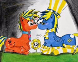 Size: 3202x2531 | Tagged: safe, artist:haruka takahashi, deleted from derpibooru, imported from derpibooru, oc, oc only, oc:disco waffle, oc:gtnighthawk, pegasus, pony, unicorn, blushing, clothes, cutie mark, flowey, gay, glasses, grass, hat, heart, lying down, male, socks, striped socks, thought bubble, traditional art, undertale